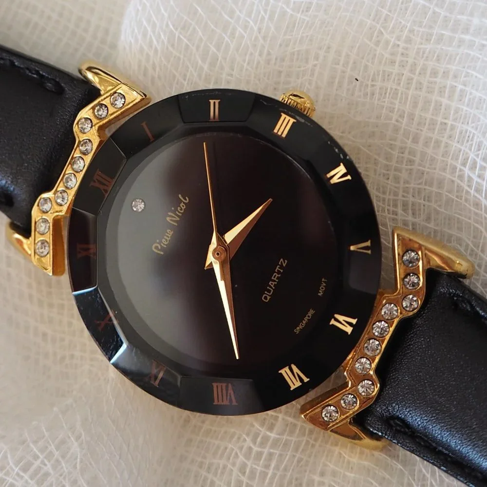 Pierre Nicol gold crystal lug faceted black leather watch - Picture 4 of 14